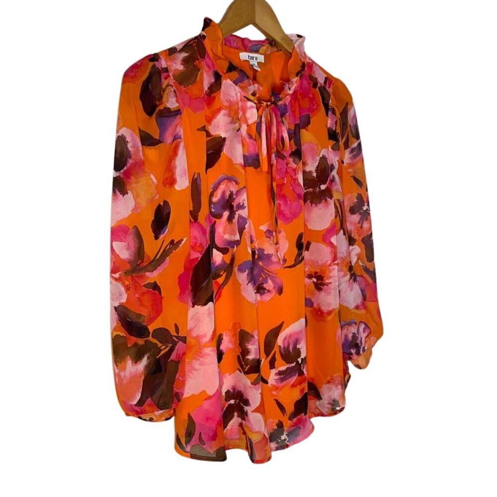 Bar III Vibrant Orange Floral Boho Tie Neck Peasant Blouse Size Medium - Picture 4 of 13